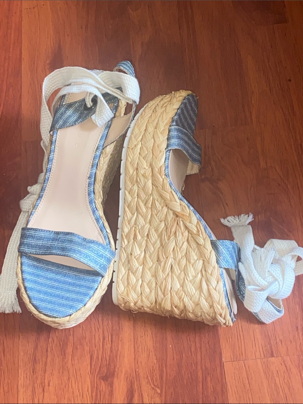 Zara Blue Striped Espadrille Wedge Sandals with Cream Ankle Ties Size 9 - Picture 3 of 8